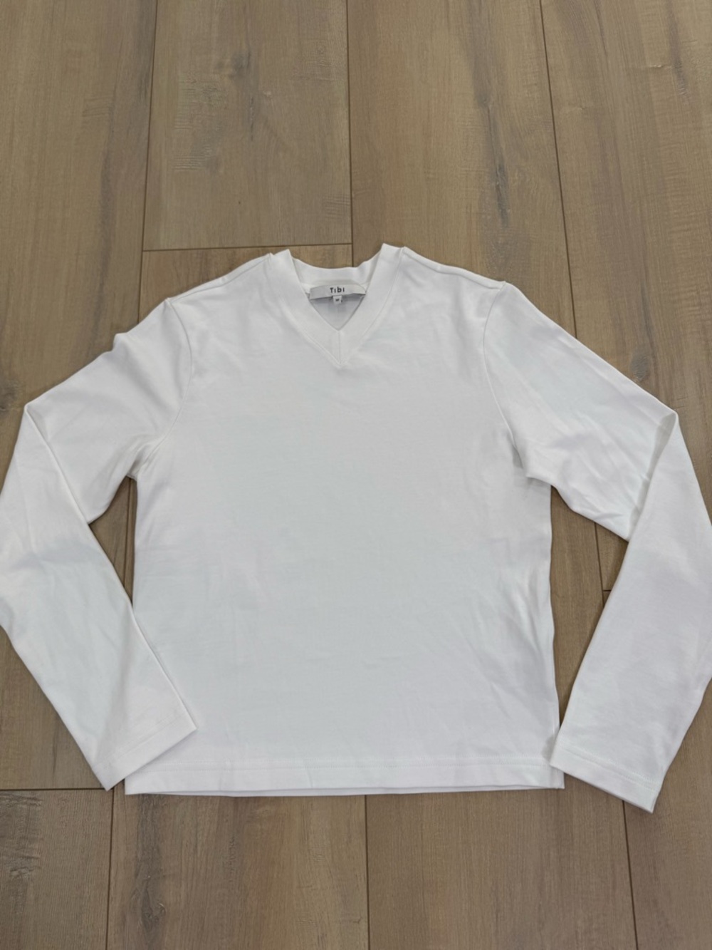 Tibi White Long Sleeve V‑Neck Tee